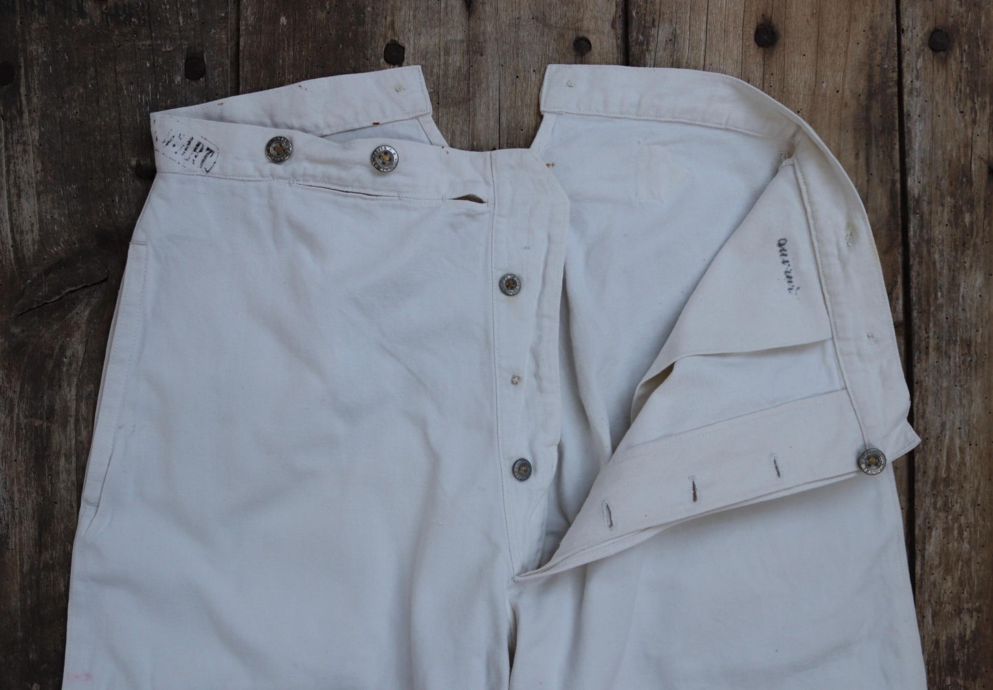 Antique 1910s French white military trousers - buckle back - herringbone cotton - 31” x 26”