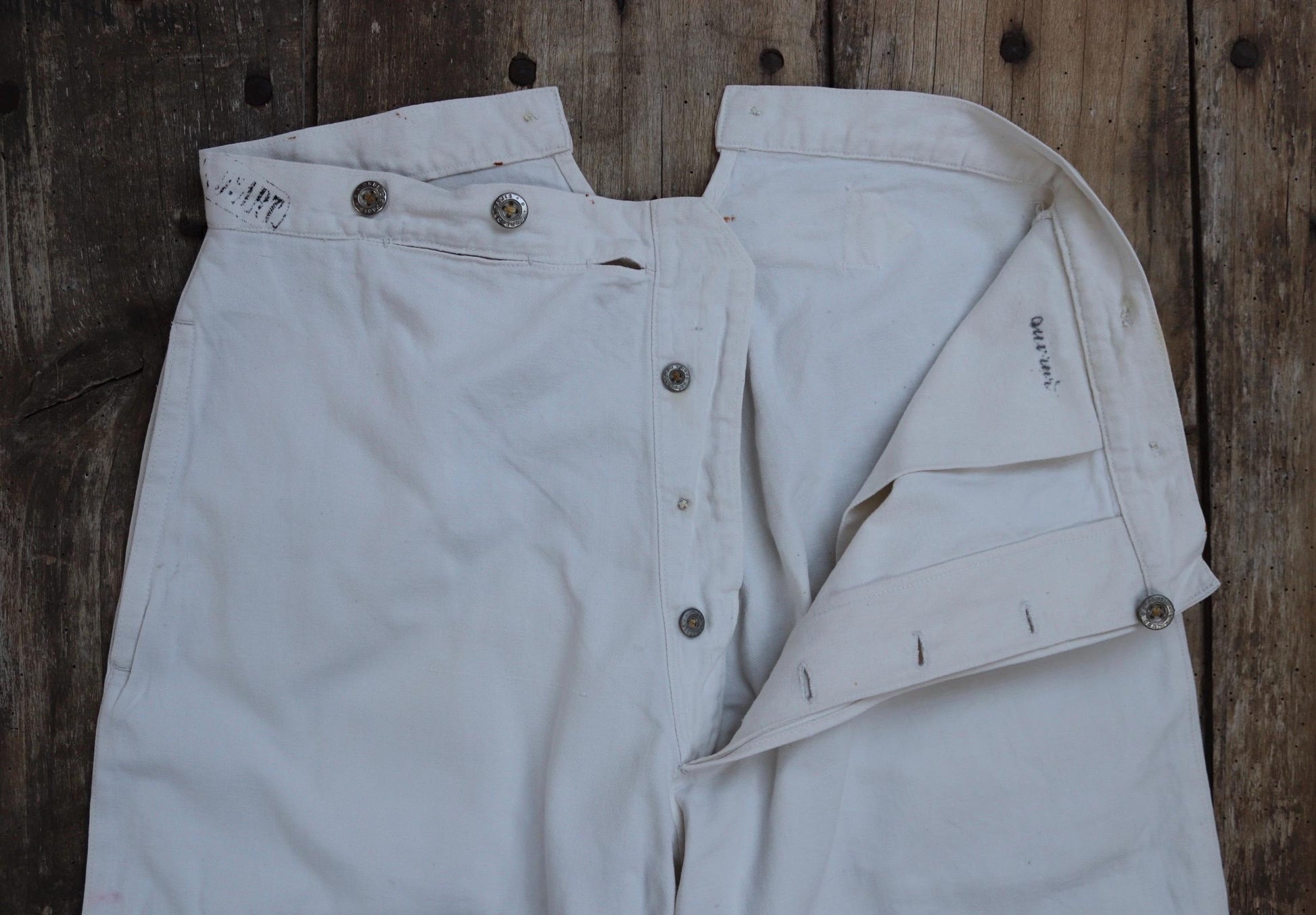 Antique 1910s French white military trousers - buckle back - herringbone cotton - 31” x 26”