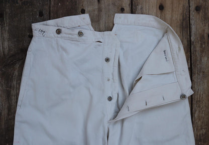 Antique 1910s French white military trousers - buckle back - herringbone cotton - 31” x 26”