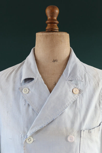 Vintage 1940s French chefs jacket - dogtooth check cotton - double breasted workwear - darned and repaired - 40” chest