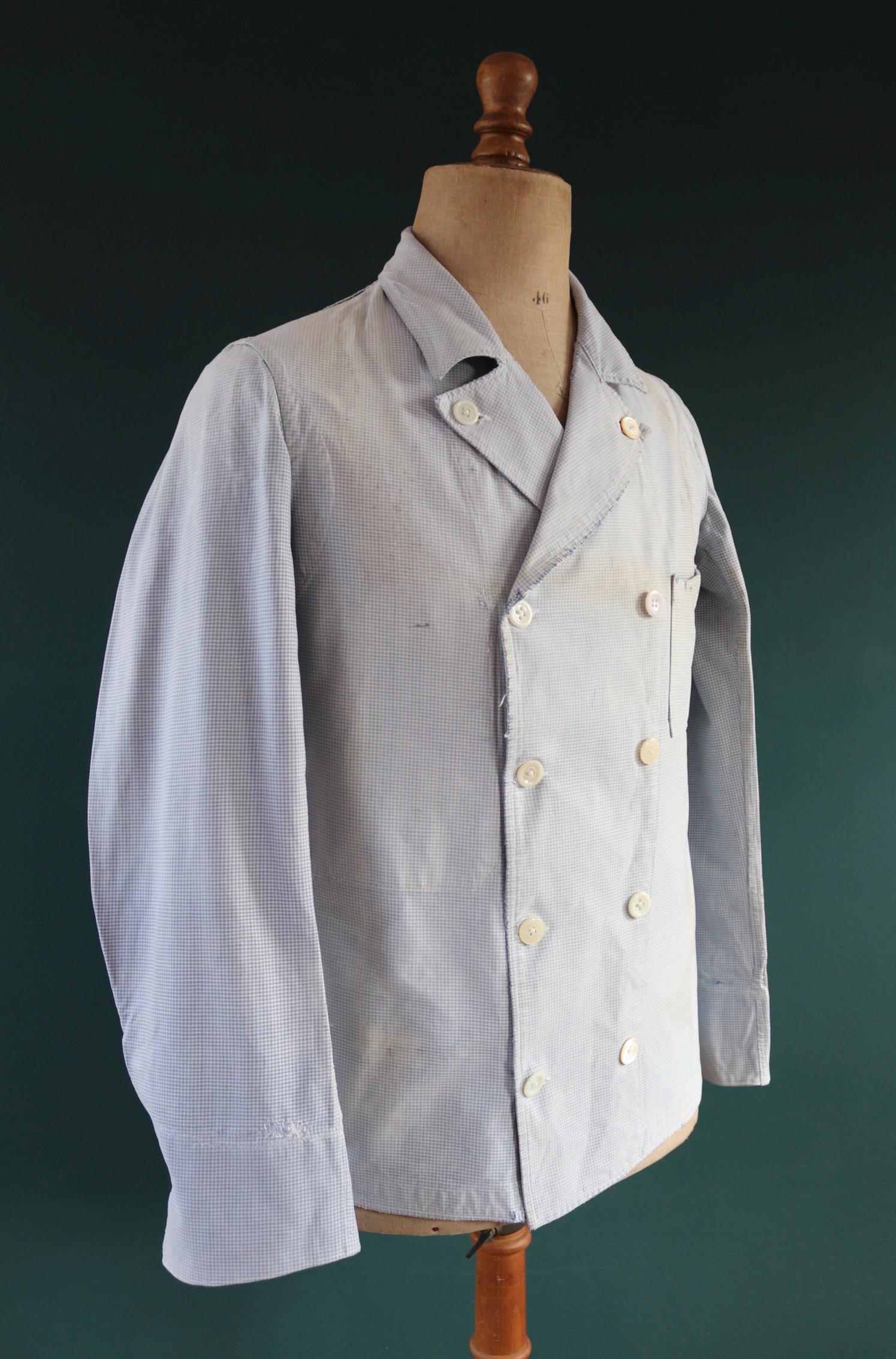 Vintage 1940s French chefs jacket - dogtooth check cotton - double breasted workwear - darned and repaired - 40” chest