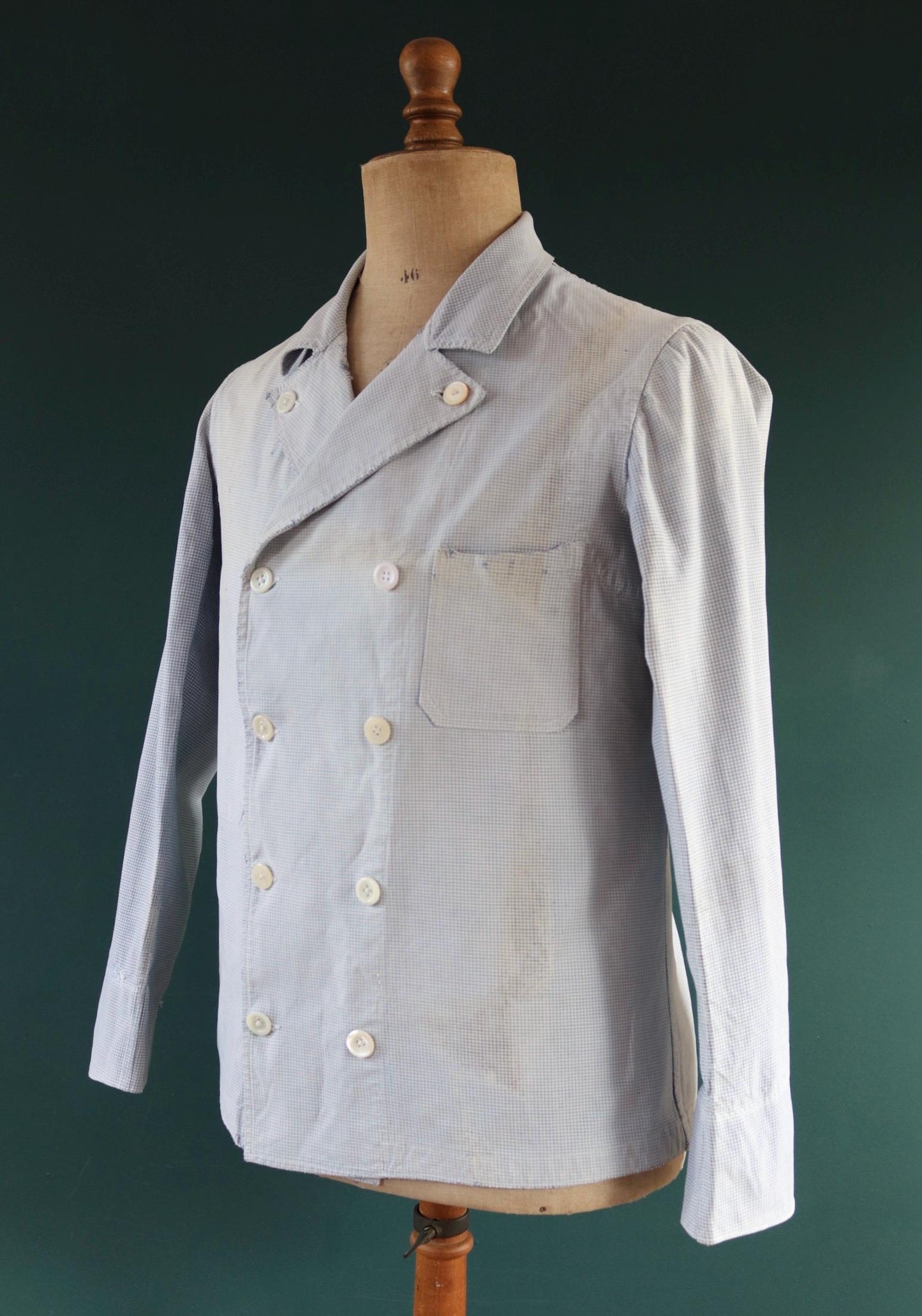Vintage 1940s French chefs jacket - dogtooth check cotton - double breasted workwear - darned and repaired - 40” chest