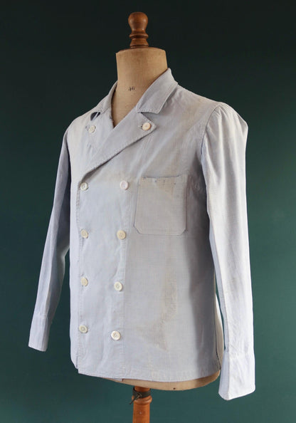 Vintage 1940s French chefs jacket - dogtooth check cotton - double breasted workwear - darned and repaired - 40” chest