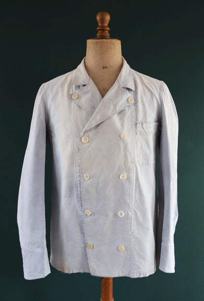 Vintage 1940s French chefs jacket - dogtooth check cotton - double breasted workwear - darned and repaired - 43” chest