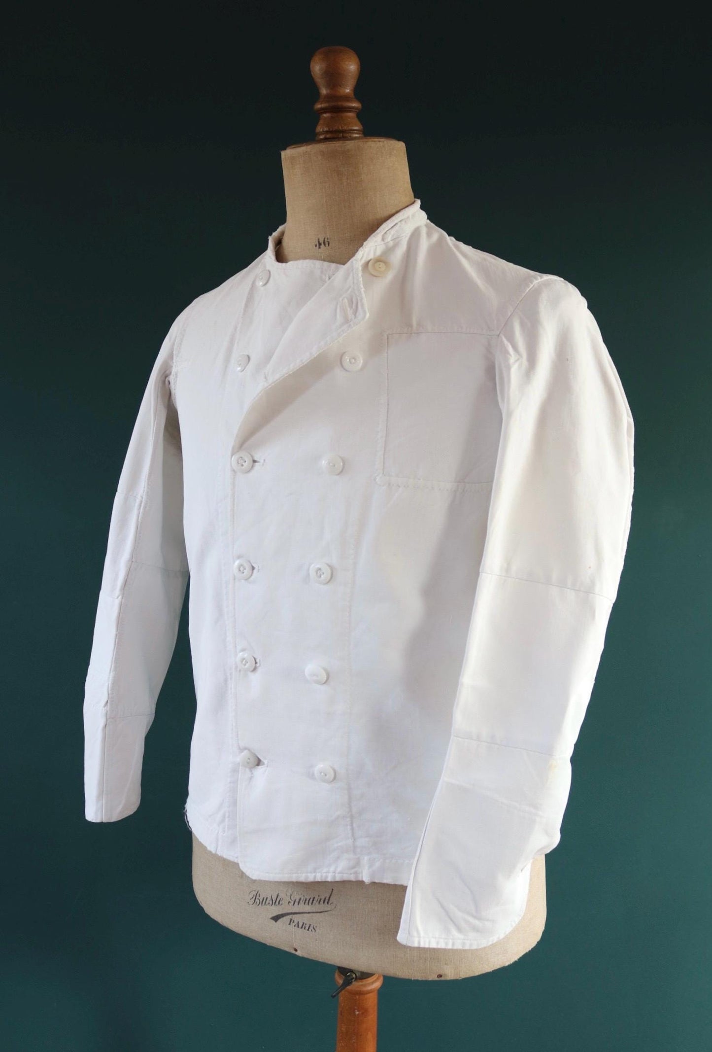 Vintage 1930s French chefs jacket - white cotton - double breasted workwear - darned and repaired - 37” chest