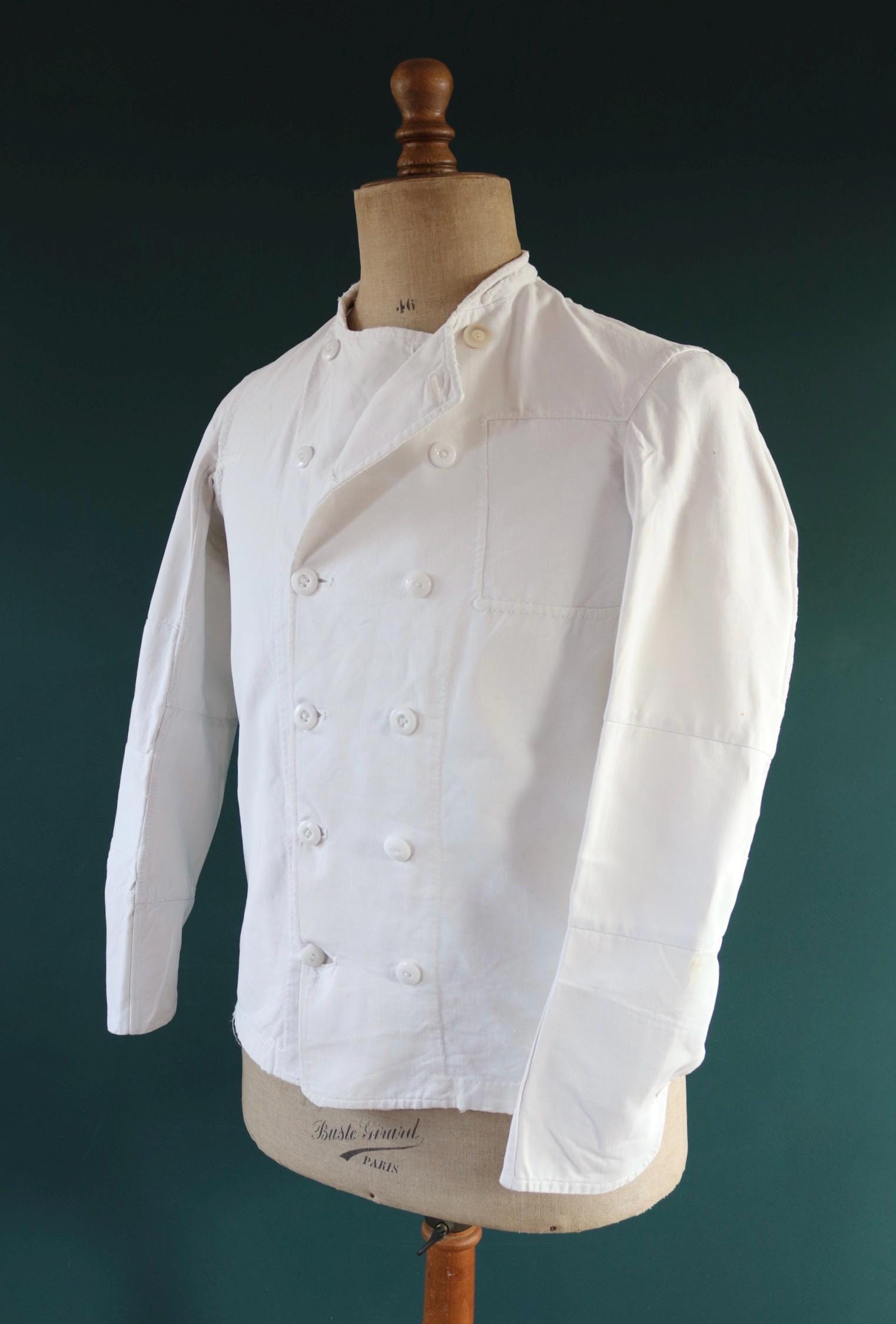 Vintage 1930s French chefs jacket - white cotton - double breasted workwear - darned and repaired - 37” chest