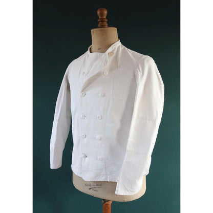 Vintage 1930s French chefs jacket - white cotton - double breasted workwear - darned and repaired - 37” chest