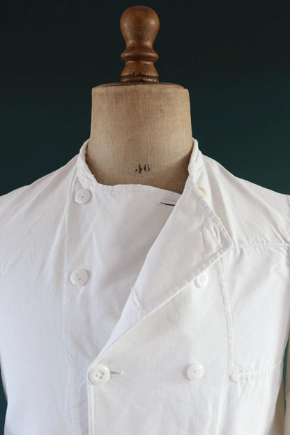 Vintage 1930s French chefs jacket - white cotton - double breasted workwear - darned and repaired - 37” chest