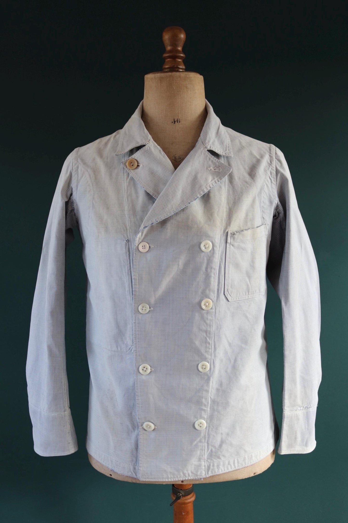 Vintage 1940s French chefs jacket - dogtooth check cotton - double breasted workwear - darned and repaired - 40” chest