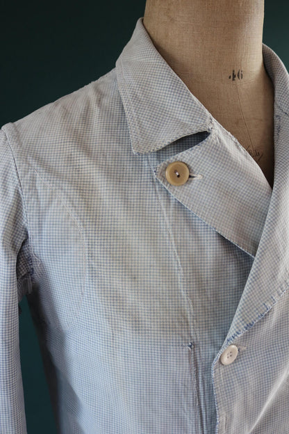 Vintage 1940s French chefs jacket - dogtooth check cotton - double breasted workwear - darned and repaired - 40” chest