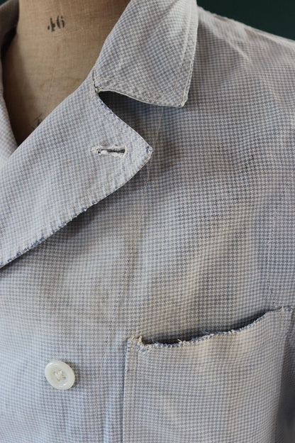 Vintage 1940s French chefs jacket - dogtooth check cotton - double breasted workwear - darned and repaired - 40” chest