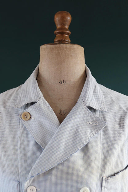 Vintage 1940s French chefs jacket - dogtooth check cotton - double breasted workwear - darned and repaired - 40” chest