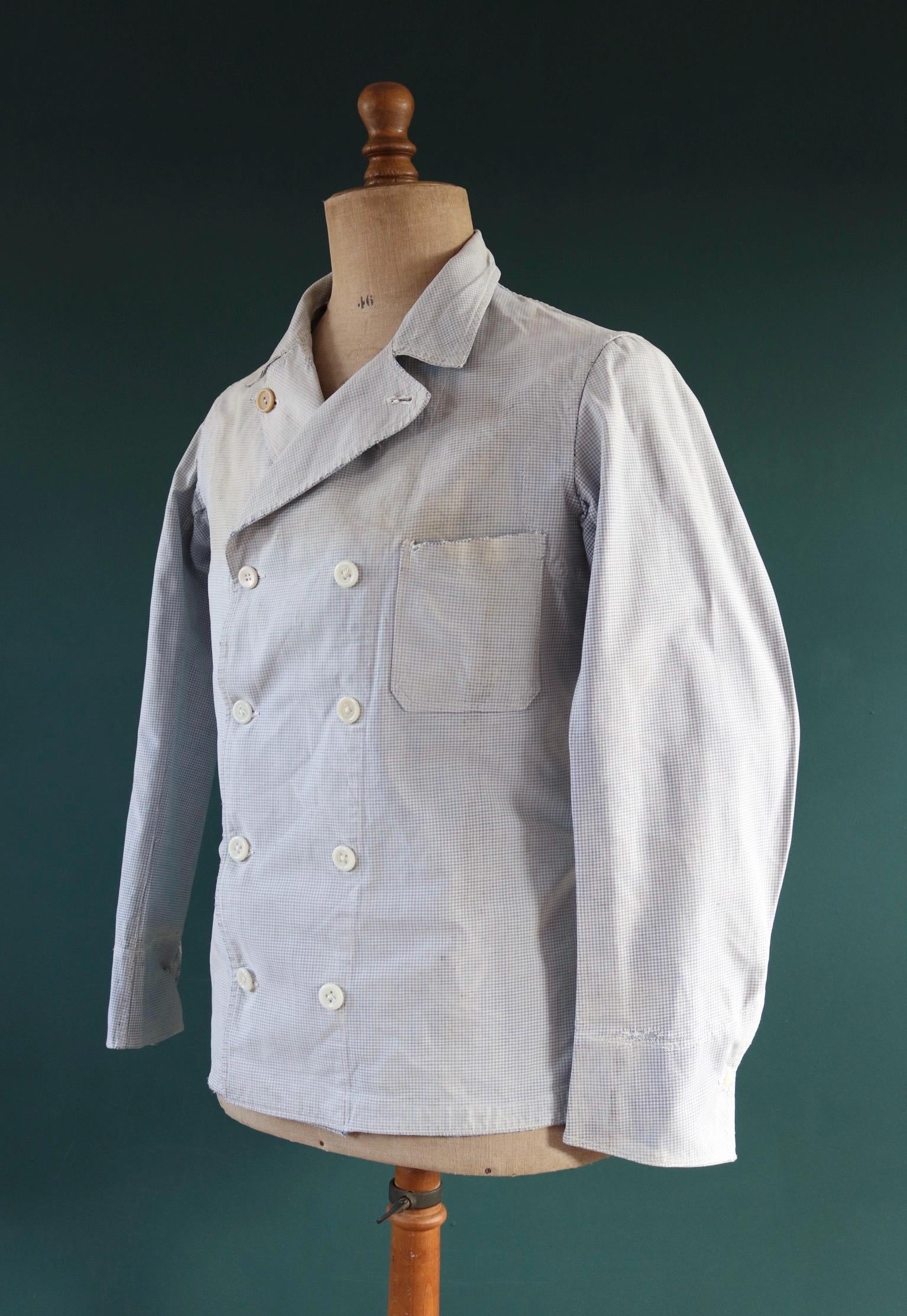 Vintage 1940s French chefs jacket - dogtooth check cotton - double breasted workwear - darned and repaired - 40” chest