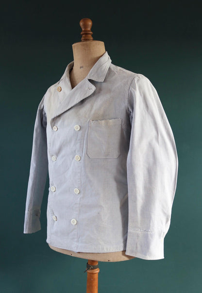 Vintage 1940s French chefs jacket - dogtooth check cotton - double breasted workwear - darned and repaired - 40” chest