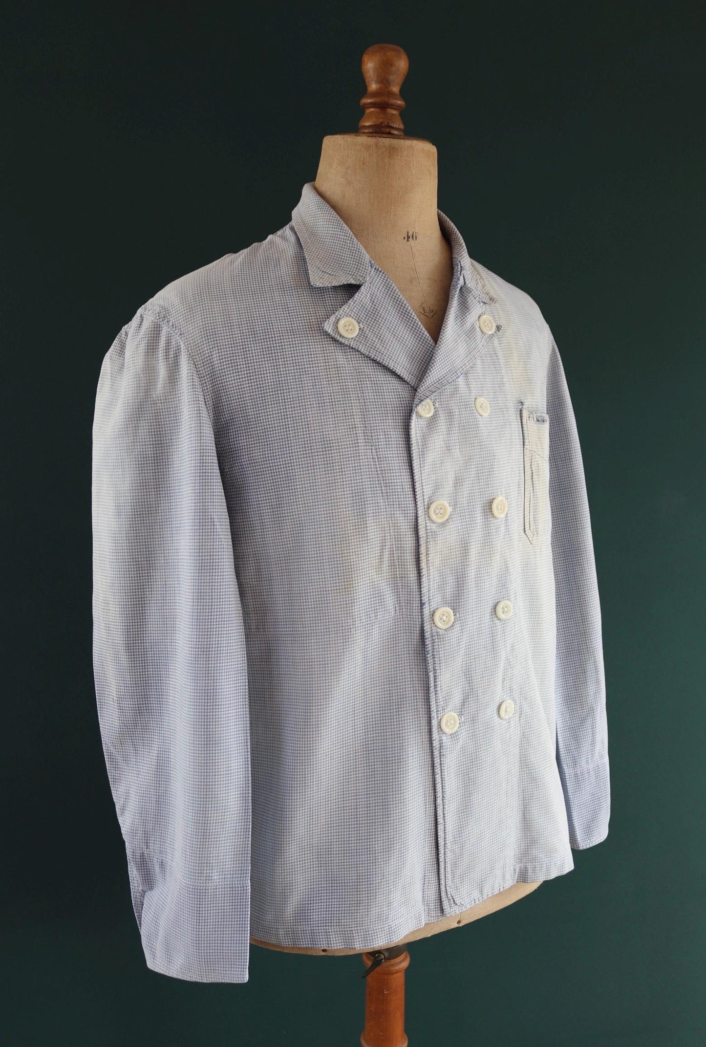 Vintage 1960s French chefs jacket - dogtooth check cotton - double breasted workwear - darned and repaired - 44” chest