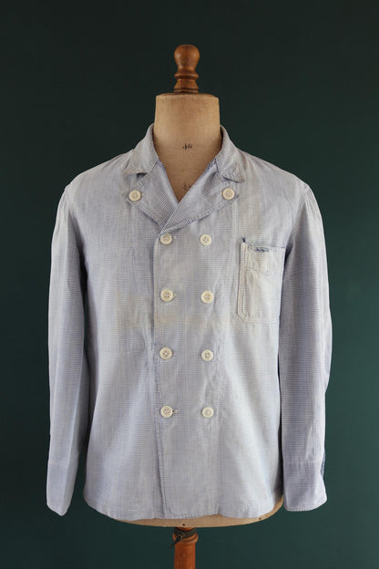 Vintage 1960s French chefs jacket - dogtooth check cotton - double breasted workwear - darned and repaired - 44” chest