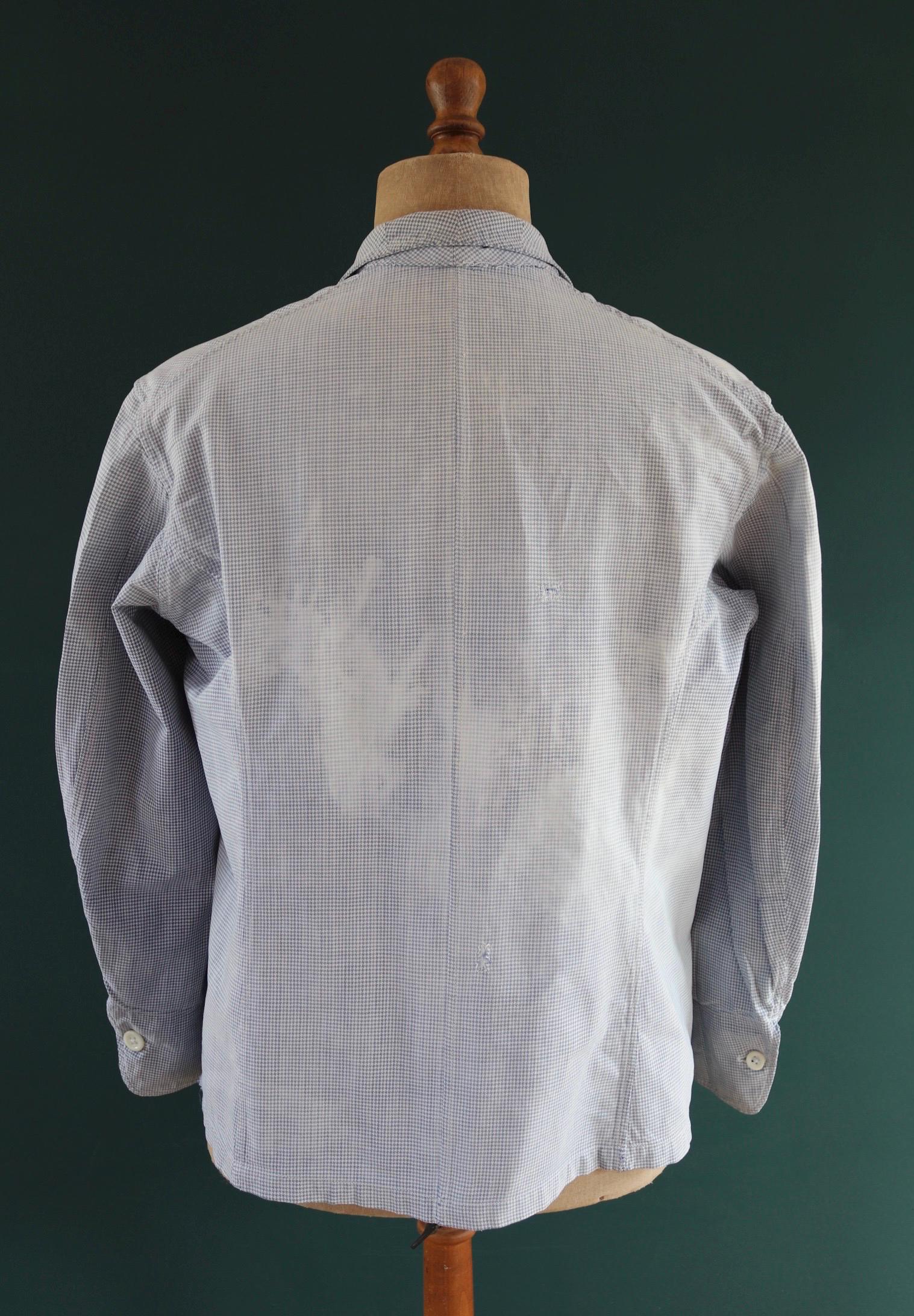Vintage 1960s French chefs jacket - dogtooth check cotton - double breasted workwear - darned and repaired - 44” chest
