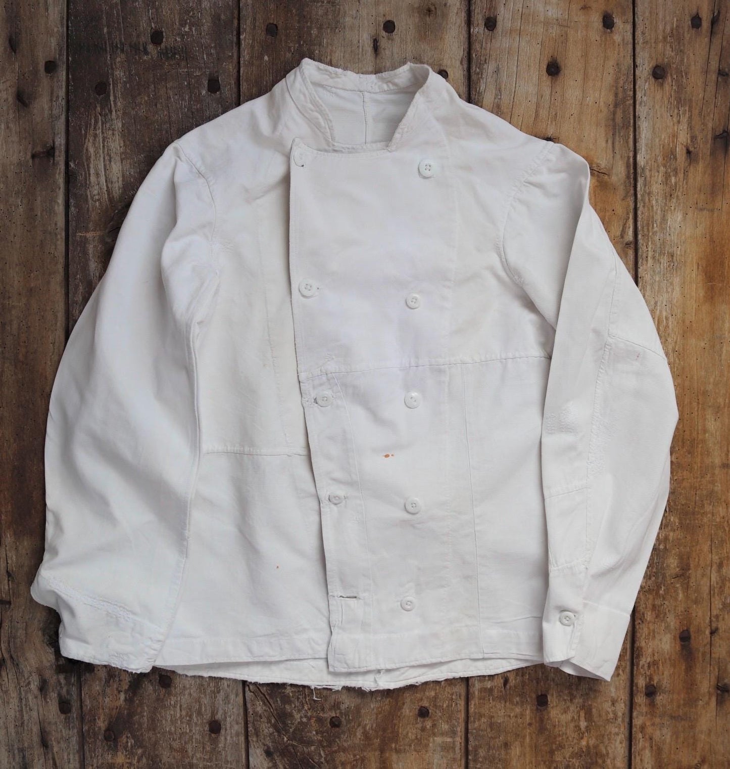 Vintage 1930s French chefs jacket - white cotton - double breasted workwear - darned and repaired - 36” chest
