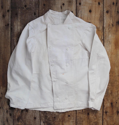 Vintage 1930s French chefs jacket - white cotton - double breasted workwear - darned and repaired - 36” chest