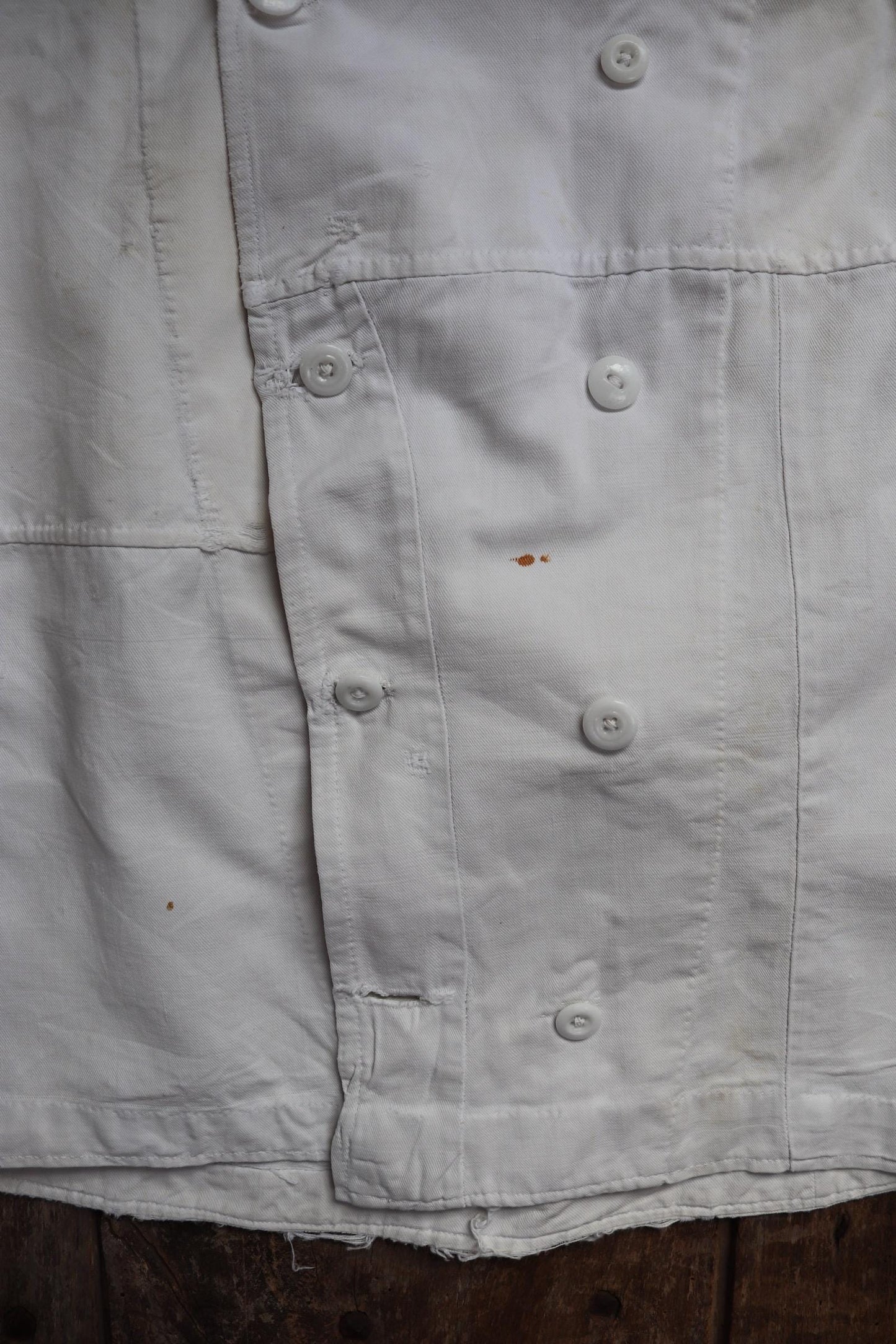 Vintage 1930s French chefs jacket - white cotton - double breasted workwear - darned and repaired - 36” chest