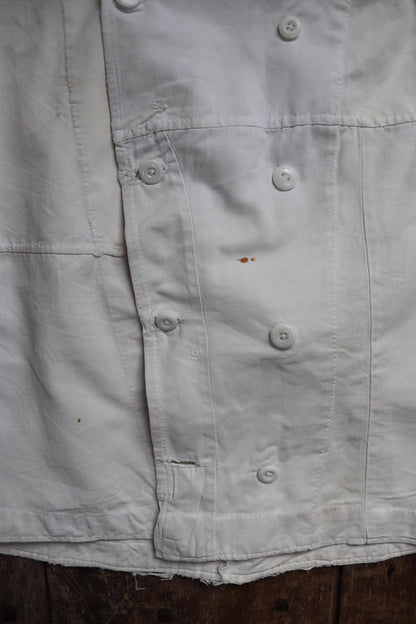 Vintage 1930s French chefs jacket - white cotton - double breasted workwear - darned and repaired - 36” chest