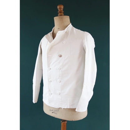 Vintage 1930s French chefs jacket - white cotton - double breasted workwear - darned and repaired - 37” chest