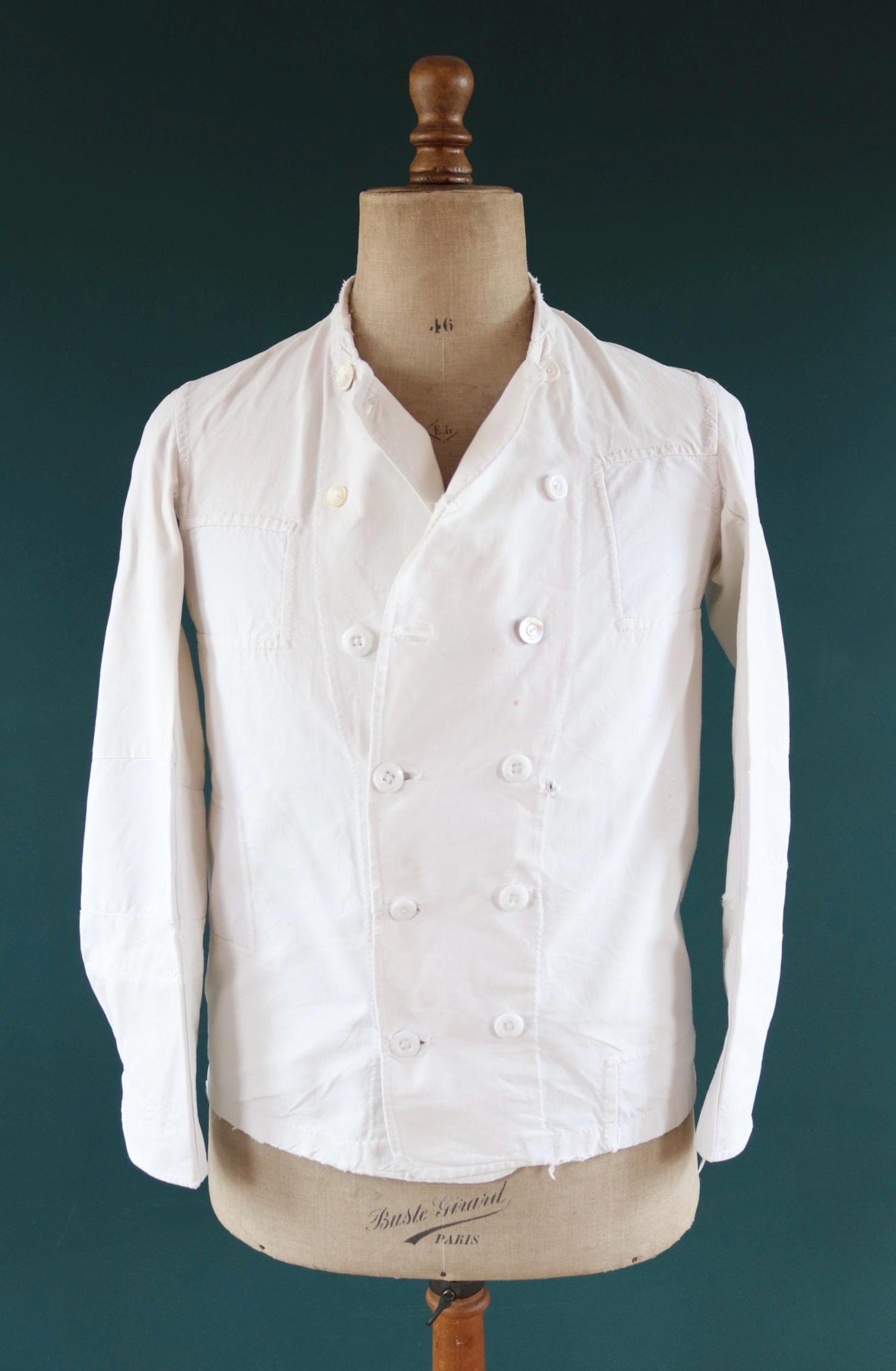 Vintage 1930s French chefs jacket - white cotton - double breasted workwear - darned and repaired - 37” chest