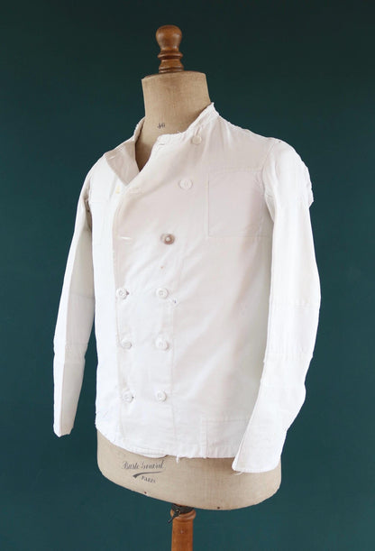Vintage 1930s French chefs jacket - white cotton - double breasted workwear - darned and repaired - 37” chest