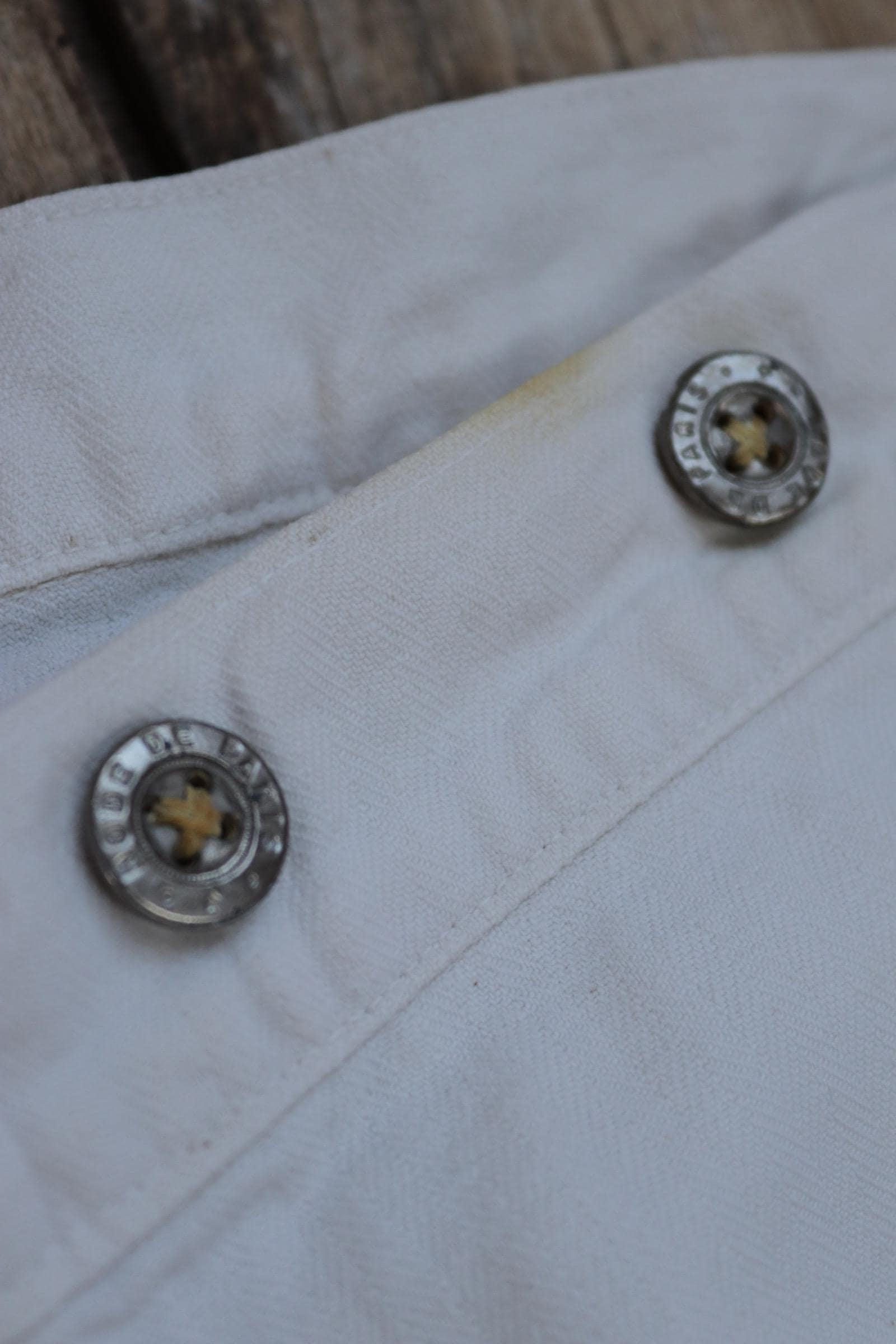 Antique 1910s French white military trousers - buckle back - herringbone cotton - 31” x 26”