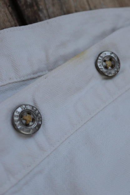 Antique 1910s French white military trousers - buckle back - herringbone cotton - 31” x 26”