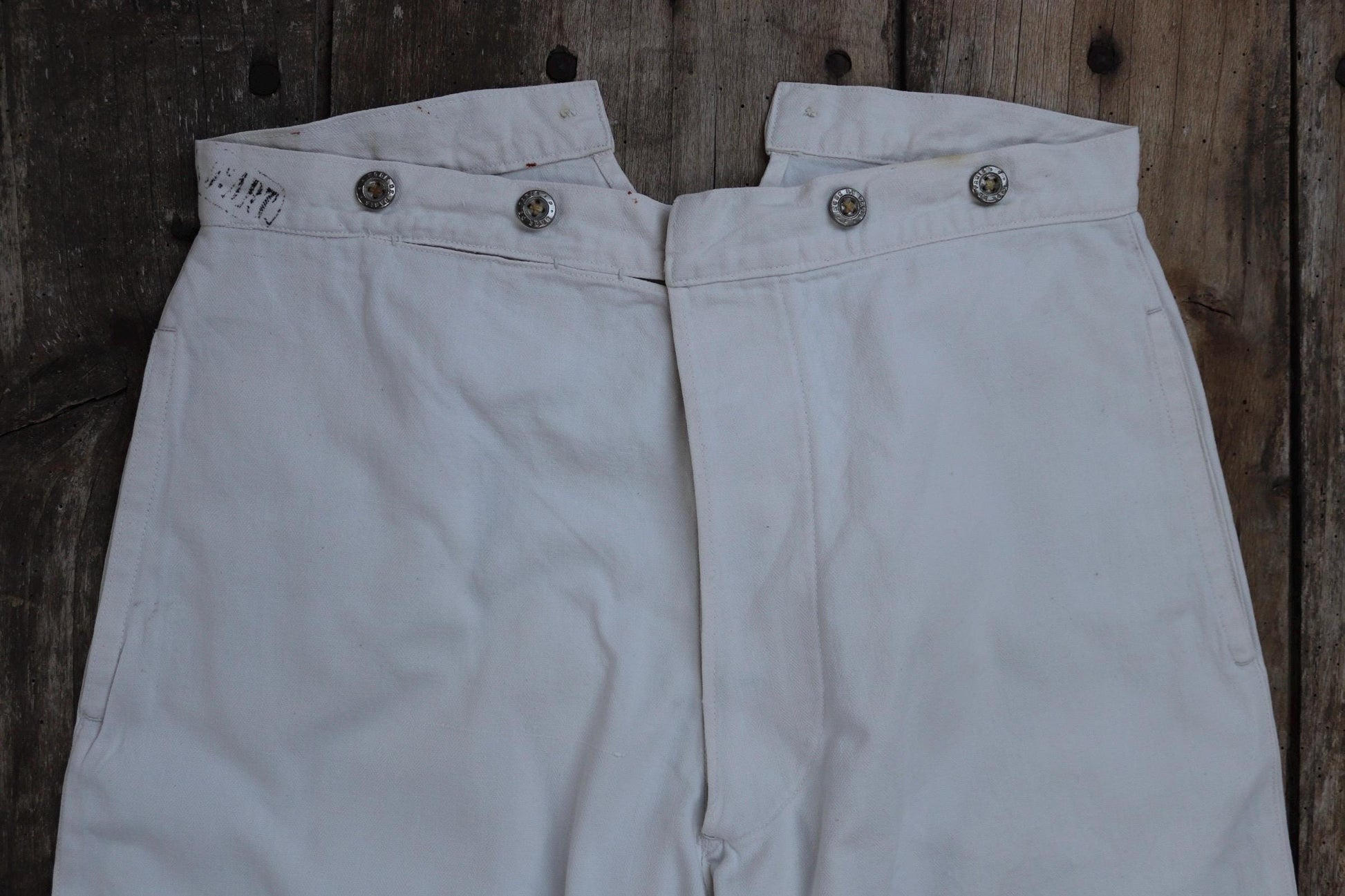 Antique 1910s French white military trousers - buckle back - herringbone cotton - 31” x 26”