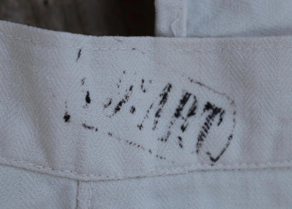 Antique 1910s French white military trousers - buckle back - herringbone cotton - 31” x 26”