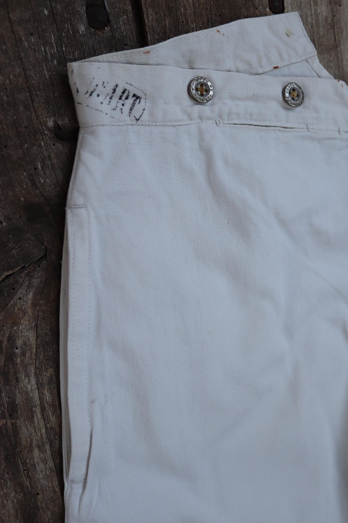 Antique 1910s French white military trousers - buckle back - herringbone cotton - 31” x 26”