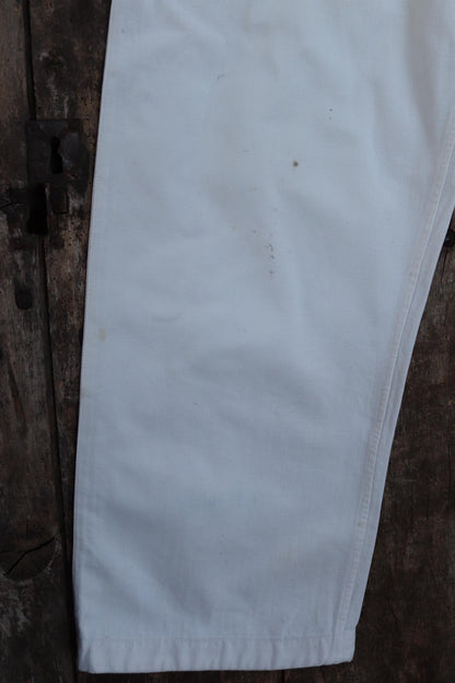 Antique 1910s French white military trousers - buckle back - herringbone cotton - 31” x 26”