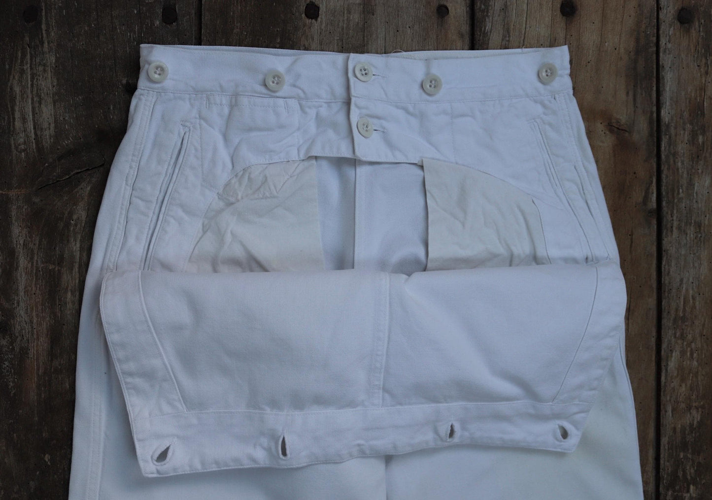 Vintage 1960s French wide leg sailor pants - fall front - white cotton trousers - 29" x 31"