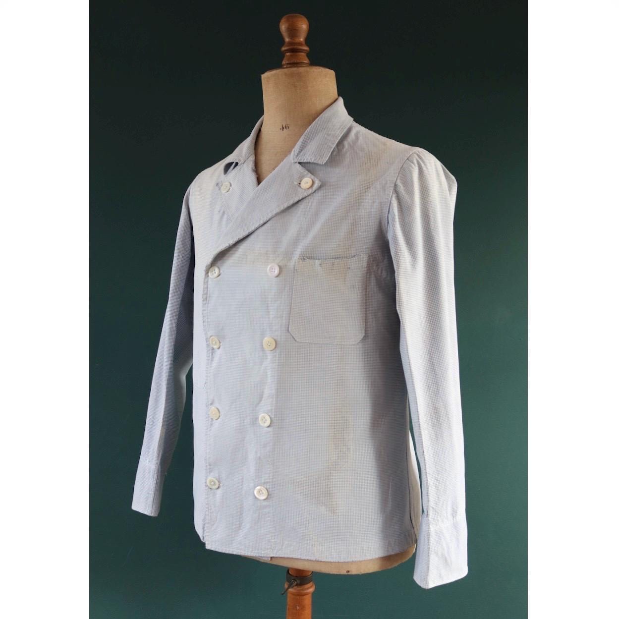 Vintage 1940s French chefs jacket - dogtooth check cotton - double breasted workwear - darned and repaired - 40” chest