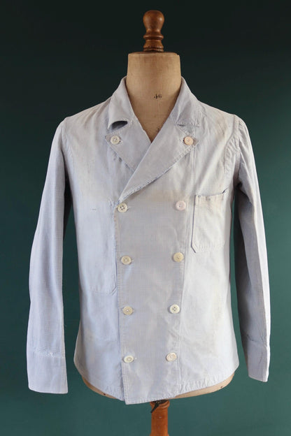 Vintage 1940s French chefs jacket - dogtooth check cotton - double breasted workwear - darned and repaired - 40” chest
