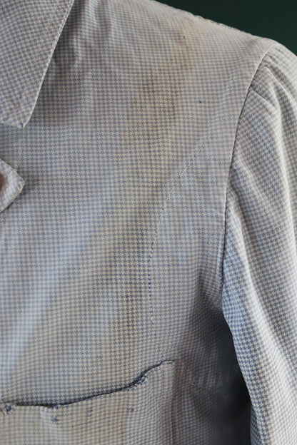 Vintage 1940s French chefs jacket - dogtooth check cotton - double breasted workwear - darned and repaired - 40” chest