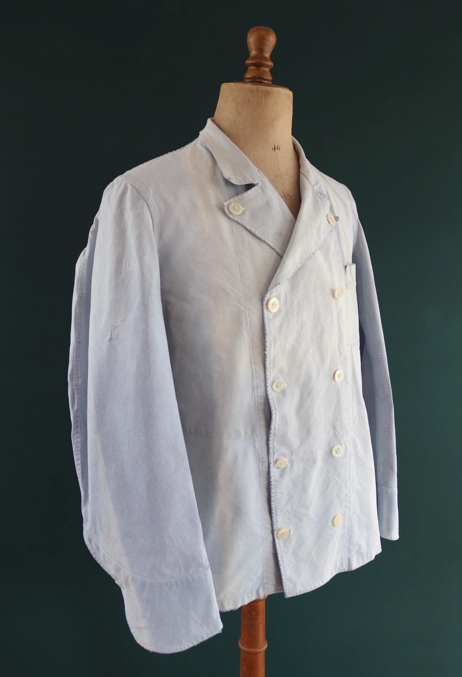 Vintage 1940s French chefs jacket - dogtooth check cotton - double breasted workwear - darned and repaired - 43” chest