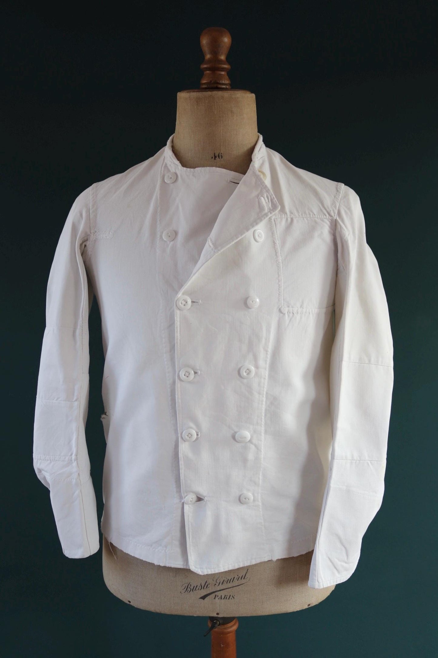Vintage 1930s French chefs jacket - white cotton - double breasted workwear - darned and repaired - 37” chest