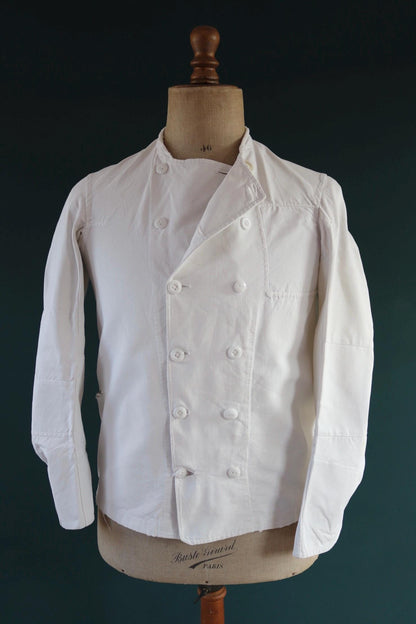 Vintage 1930s French chefs jacket - white cotton - double breasted workwear - darned and repaired - 37” chest