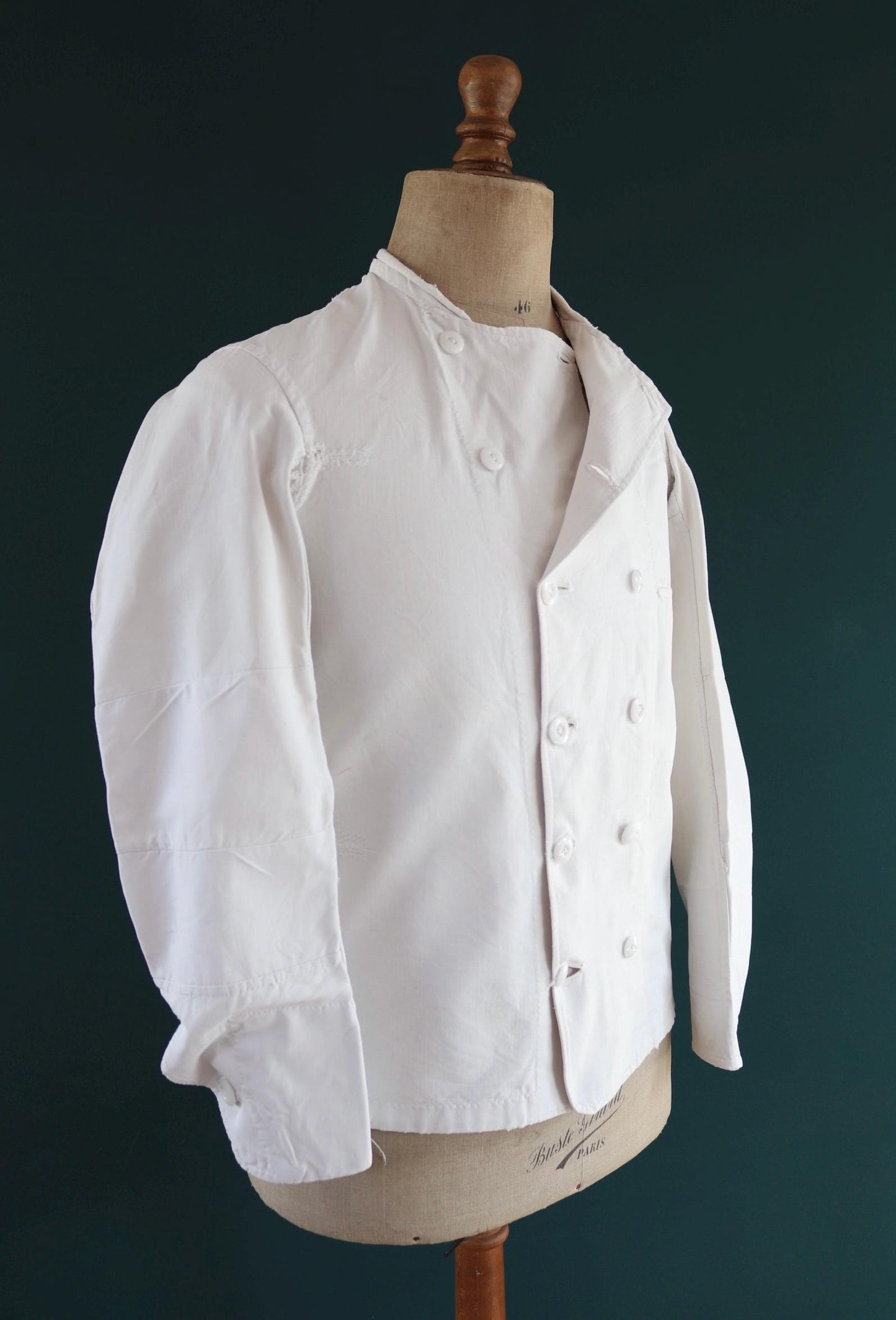 Vintage 1930s French chefs jacket - white cotton - double breasted workwear - darned and repaired - 37” chest