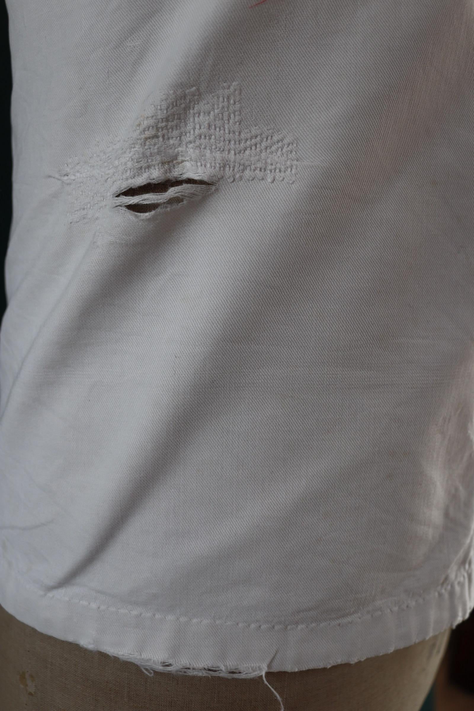 Vintage 1930s French chefs jacket - white cotton - double breasted workwear - darned and repaired - 37” chest