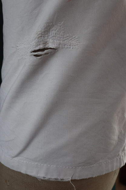 Vintage 1930s French chefs jacket - white cotton - double breasted workwear - darned and repaired - 37” chest