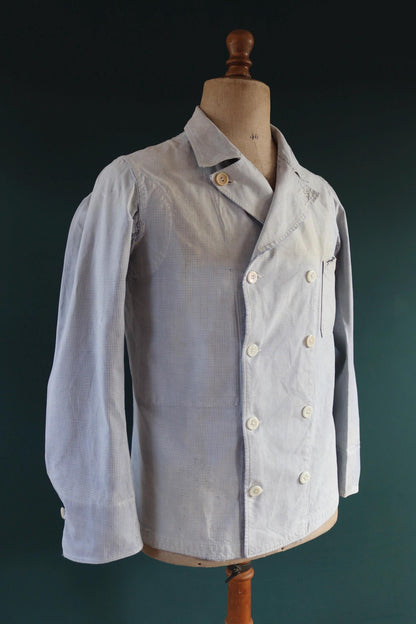 Vintage 1940s French chefs jacket - dogtooth check cotton - double breasted workwear - darned and repaired - 40” chest