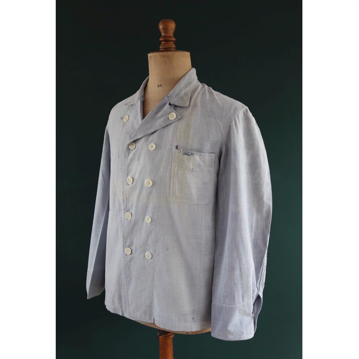 Vintage 1960s French chefs jacket - dogtooth check cotton - double breasted workwear - darned and repaired - 44” chest