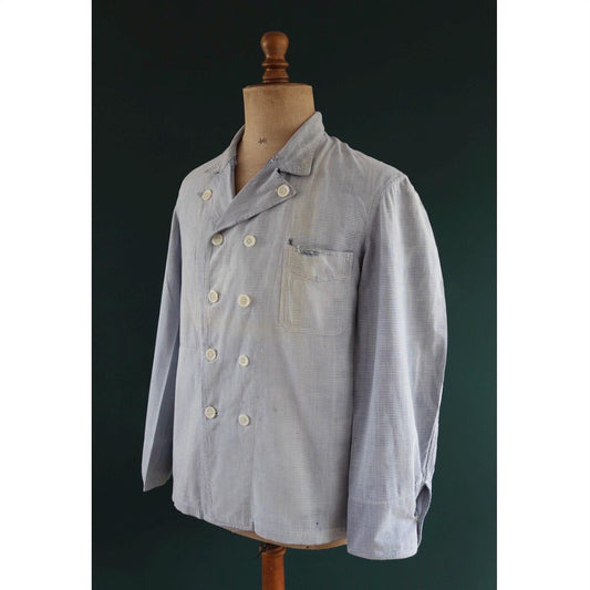 Vintage 1960s French chefs jacket - dogtooth check cotton - double breasted workwear - darned and repaired - 44” chest