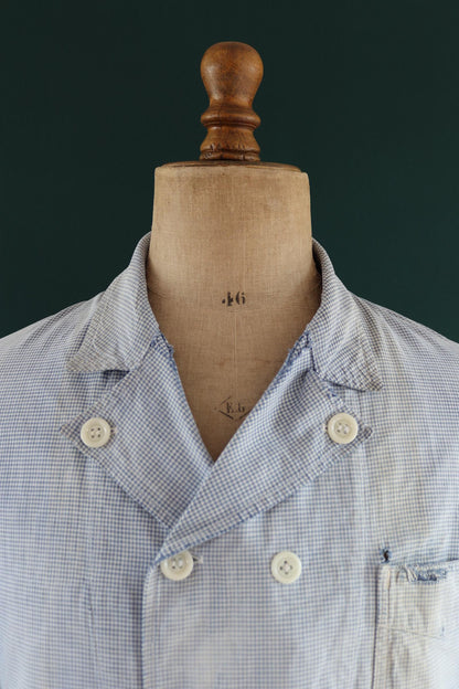 Vintage 1960s French chefs jacket - dogtooth check cotton - double breasted workwear - darned and repaired - 44” chest