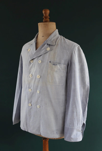 Vintage 1960s French chefs jacket - dogtooth check cotton - double breasted workwear - darned and repaired - 44” chest