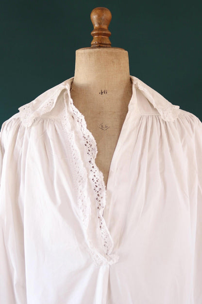 Antique 1800s Victorian white cotton nightgown - vintage 1900s dress - cottagecore - broderie Anglais - 50” chest